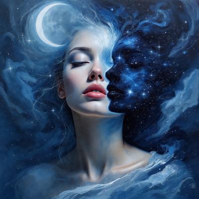 The primary subject of the image is a woman with long hair, who is lying down and looking up at the sky. The setting is a nighttime scene with a moon visible in the sky. The visual style is a painting, which creates a sense of depth and artistic expression. The colors and mood of the image are predominantly blue, which adds to the serene and peaceful atmosphere.